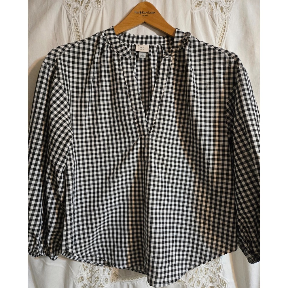 A New Day Women's Long Sleeve Gingham Popover Top Black/White Size Small